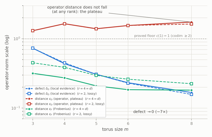 Torus flux plot: operator distance plateaus while defect and Frobenius distance decay.